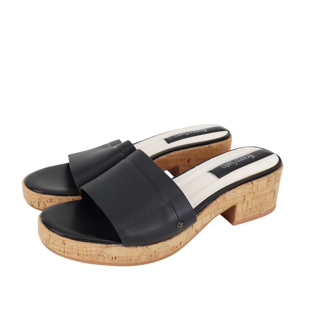 Franco Sarto Women's Pony Leather Open Toe Sandal Heel Black Cork Size US 8.5